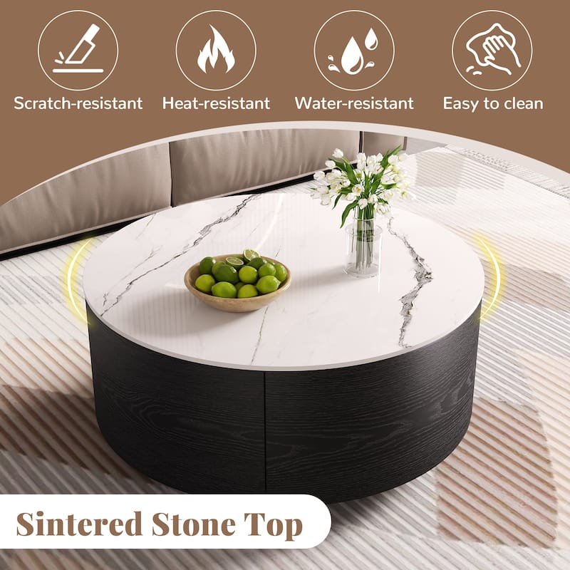 Modern Round Coffee Table with Casters, 2-Drawer Mobile Table with Marble Pattern Sintered Stone Top