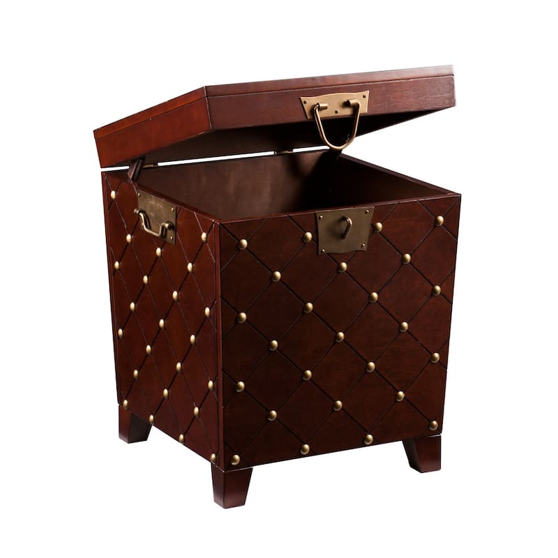 24" Brown MDF Wood Square End Table with Storage and Nailhead Trim for Living Room or Bedroom - 24"H x 21"L x 21.25"W