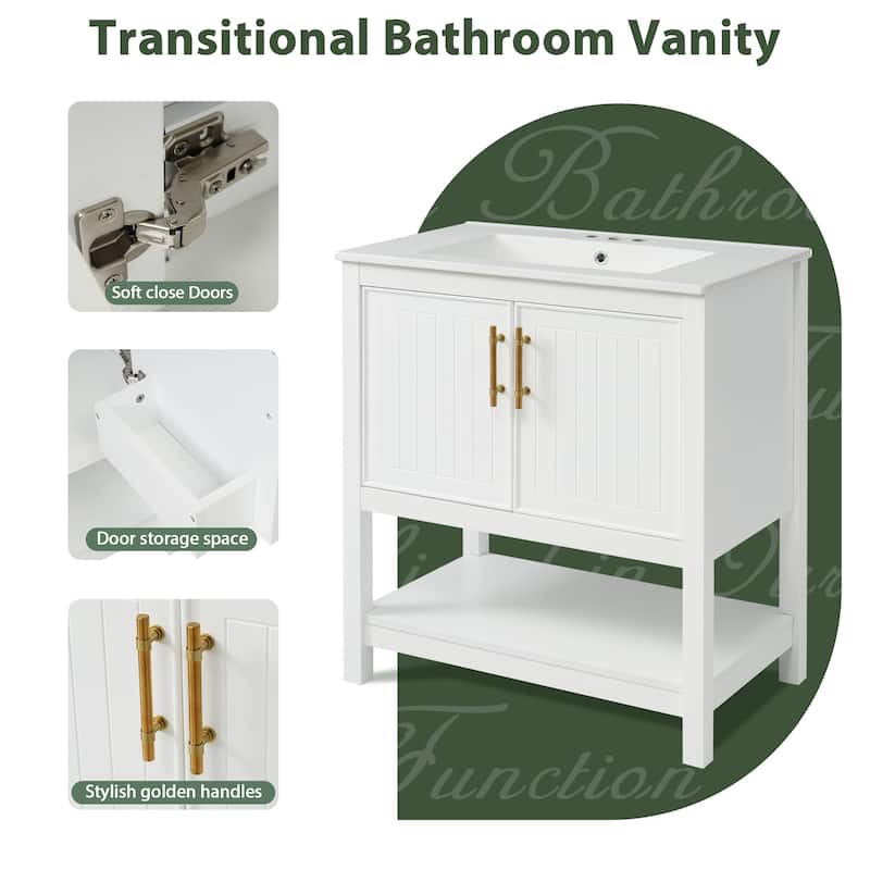 30-Inch Bathroom Vanity with Ceramic Sink, Gold Handles & Storage Shelves - Elegant Space-Saving Design