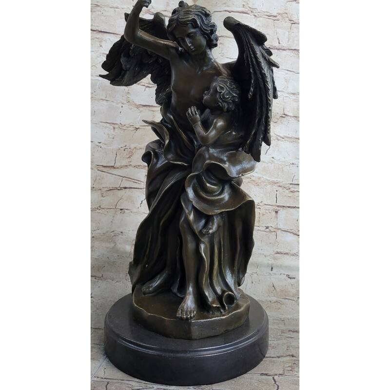 Signed Leonard Large Muscular Angel With A Child Bronze Marble Sculpture Statue