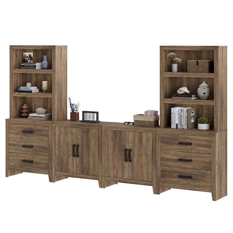 WAMPAT Entertainment Center with Bookshelves, Farmhouse TV Stand, Media Console with Adjustable Shelves for Living Room, Bedroom