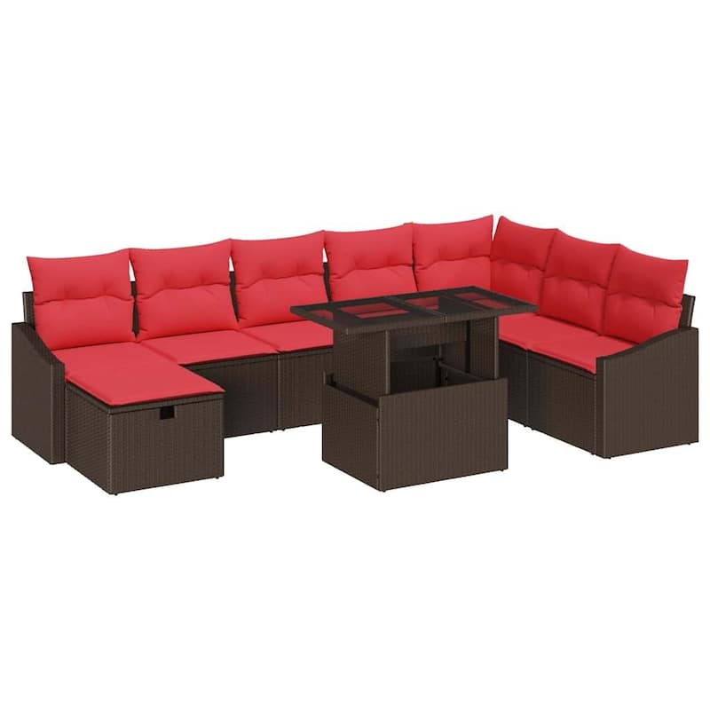 vidaXL 9 Garden Sofa Set with Cushions Black/Brown/Grey Poly Rattan - 113.6 x 70.3 x 27.2