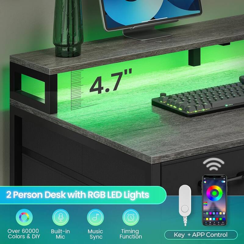 94.5" Two Person Desk with 8 Fabric Drawers Gaming Desk LED Lights