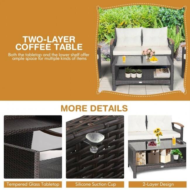 4 Pieces Patio Rattan Furniture Set with Cushioned Sofa and Storage Table - 46.5" x 23.5" x 30" (L x W x H)