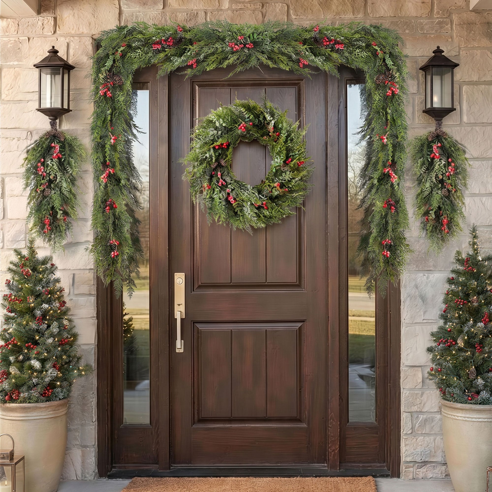 Glitzhome Frosted Mixed PE Christmas Wreath & Garland Set with Pinecones and Red Berries