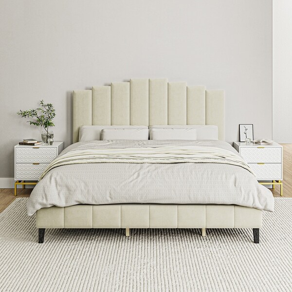 充実の品 Tufted Upholstered Platform Bed with Sturdy Center Legs and 小物