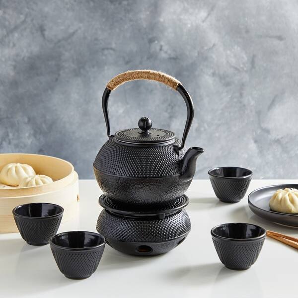 Cast Iron Tea Kettle Set, Trivet, Warmer and 4 Teacups, Hobnail Design