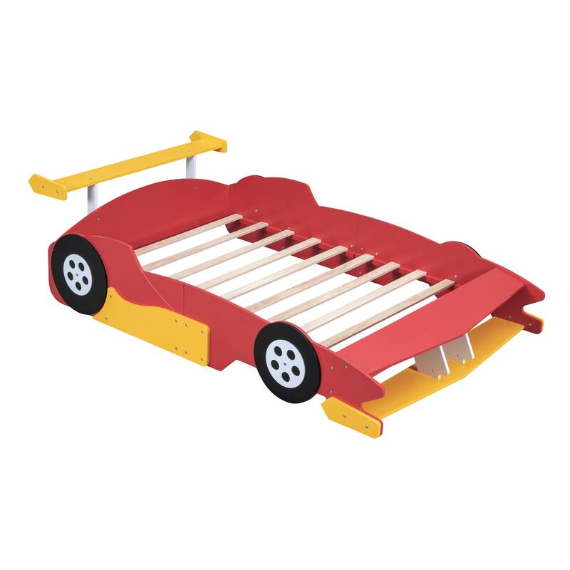 Full-Size Red Race Car Bed with Safety Rails and Functional Design