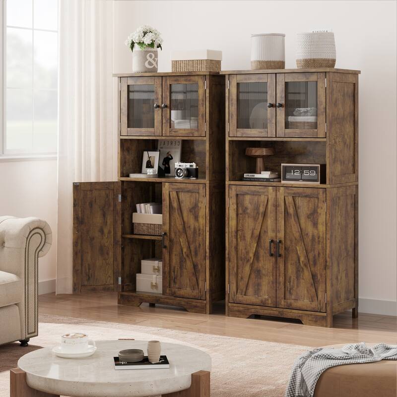 Kitchen Pantry Storage Cabinet with Glass Doors & Adjustable Shelves