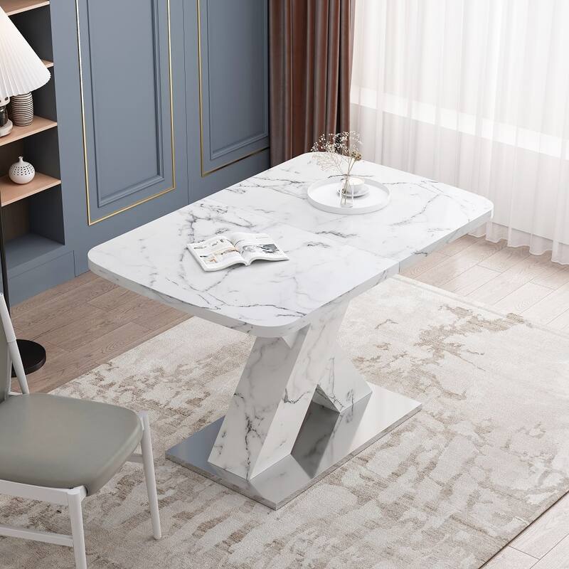 Modern Square Dining Table with Marble Table Top and X-Shape Table Leg