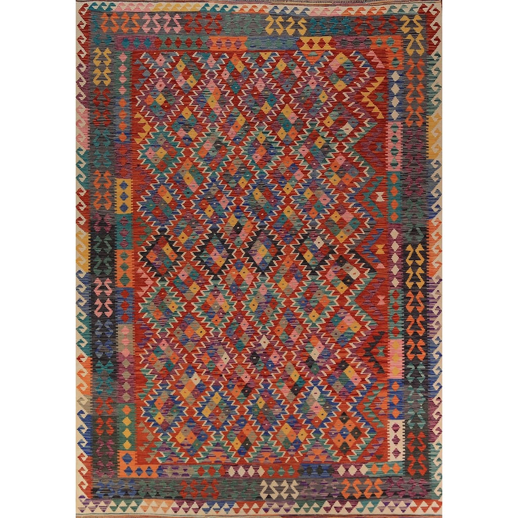 Geometric Kilim Reversible Area Rug Flatweave Multi-Color Wool Carpet - 8'2"x 11'4"