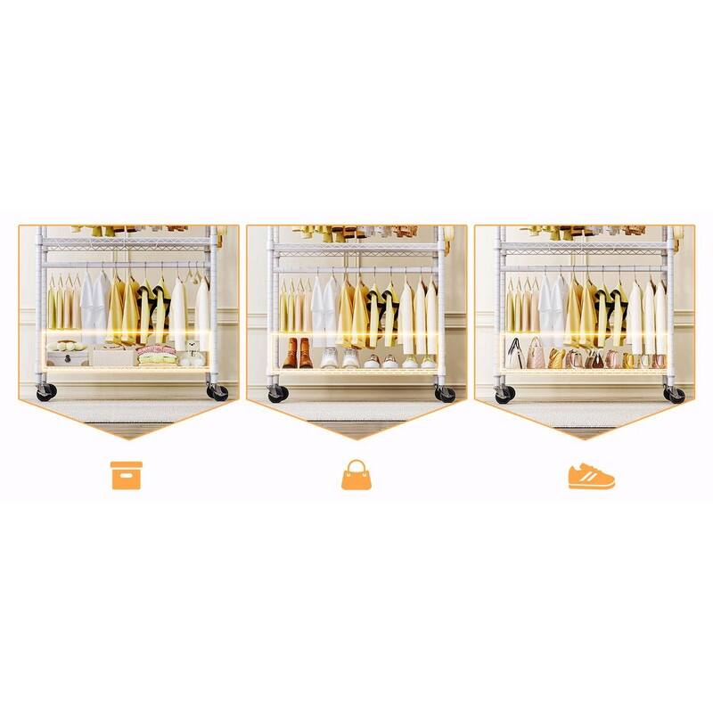 Heavy Duty Rolling Garment Rack with Wheels, 3-Tier Adjustable Wire Shelving, Clothes Rack with 2 Rods & Side Hooks