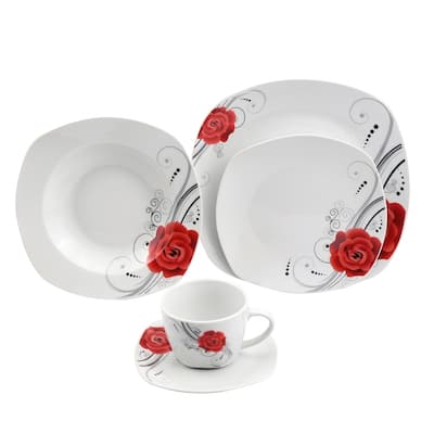 Porcelain 20 Piece Square Dinnerware Set Service for 4-Red Flower