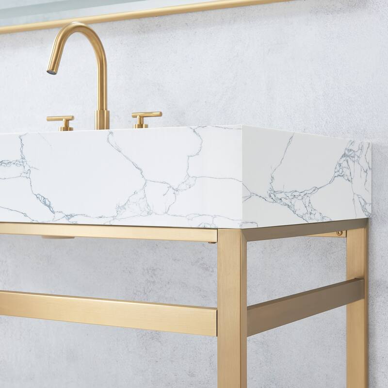 Ecija Bath Vanity, Metal Support with Composite Stone Top and Mirror