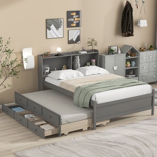 Full Size Platform Bed with 3 Storage Drawers, Multi-Functional Wood Full Bedframe with Bedside Bookcase & Twin Size Trundle Bed