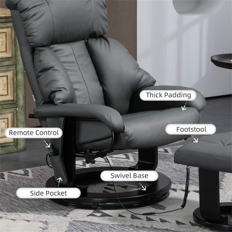 PU Leather Remote-Controlled Massage Recliner Chair with Ottoman and 10-Point Vibration - 30" W x 31.5" D x 40.25" H