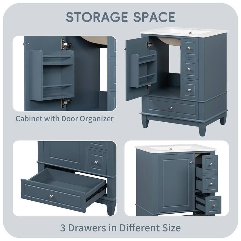 24" Freestanding Bathroom Vanity with Sink - Ceramic Top, Drawers & Shelves, MDF & Solid Wood Base, for Small Bathrooms