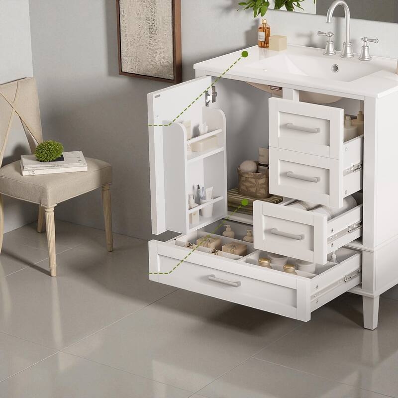 30" Modern Bathroom Vanity with Ceramic Sink, Solid Wood Frame, 1 Door & 3 Soft-Close Drawers, Freestanding