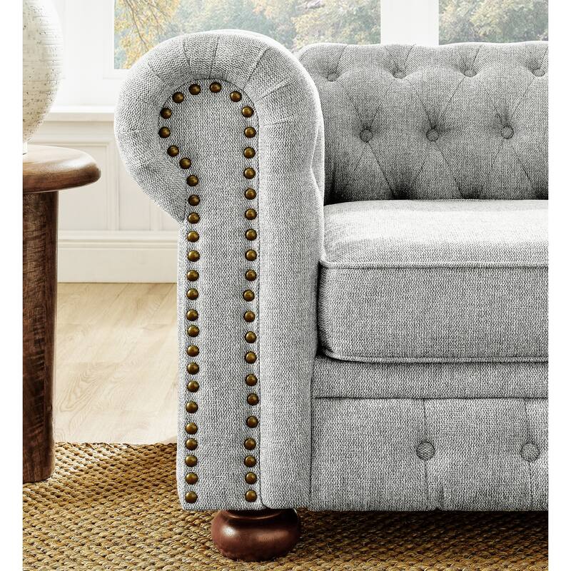Linen Upholstered Chesterfield Sofa, Tufted 3 Seater Sofa with Nailhead Trim & Scrolled Arms, Low Back Sofa with Solid Wood Legs