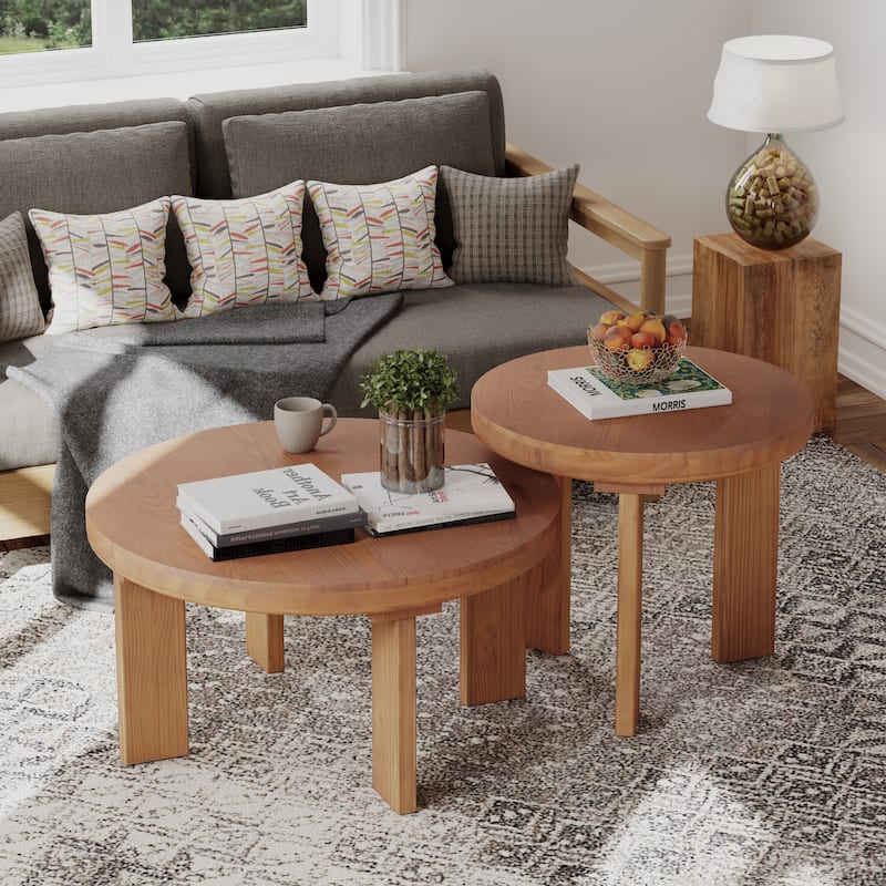 COZAYH 2-Piece Farmhouse Living Room Table Sets, Minimalist Modern Round Nesting Table for Lounge
