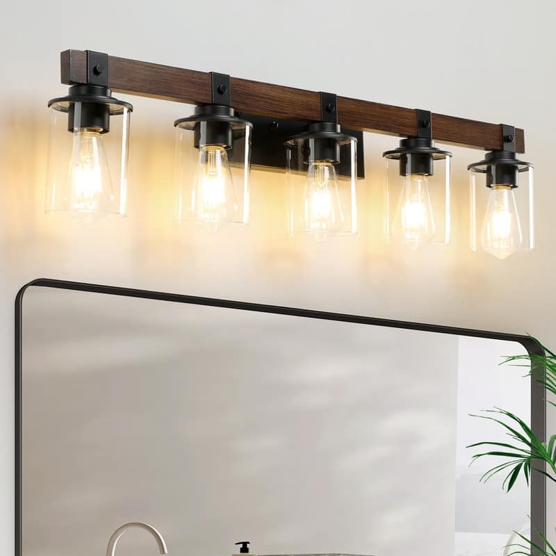 Vanity Light, Industrial Bathroom Wall Sconce with Glass Shades and Wood Accent, Modern Farmhouse Lighting Fixture (No Bulbs)