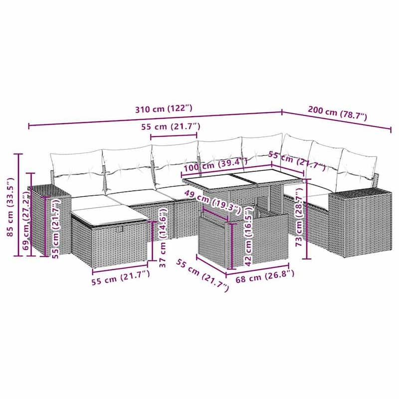 vidaXL Patio Sofa Set with Cushions Sectional Couches 9 Piece Poly Rattan - 24.4 x 24.4 x 27.2