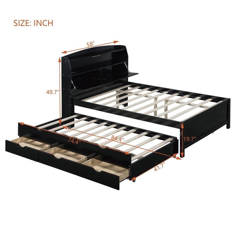 Wooden LED Platform Bed with Trundle