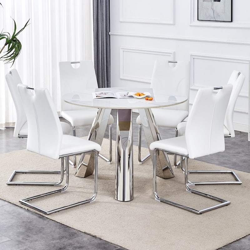 Roomfitters Round Sintered Stone Dining Table with 6 White Chairs, Modern Design Set