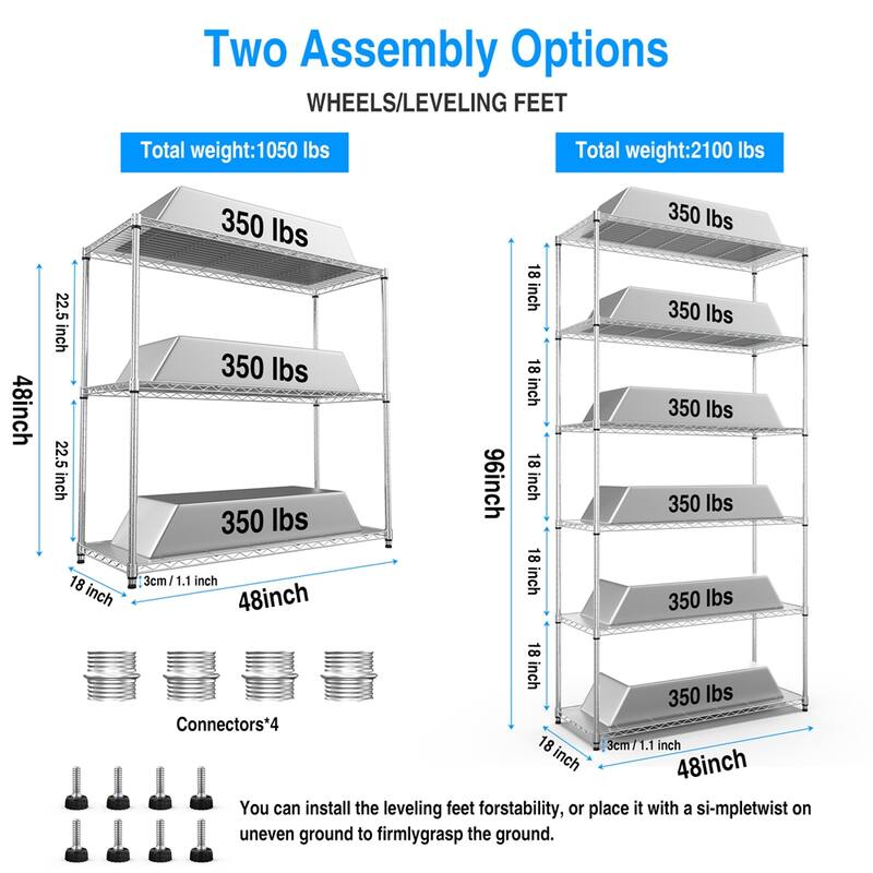 2 Pack 3 Tier Adjustable Wire Shelving Unit