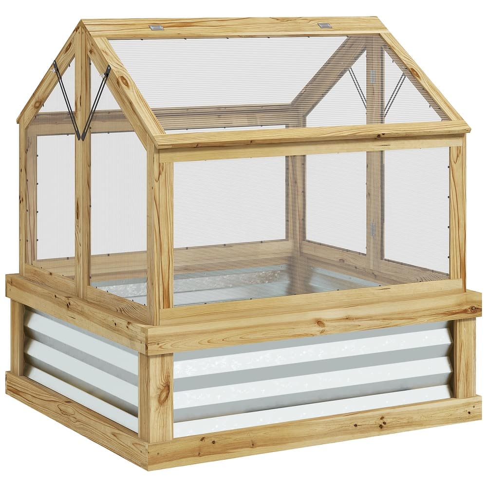 Raised Garden Bed with Polycarbonate Greenhouse,Wooden Cold Frame Flower Planter Protection,Peak Roof,35.5" x 31.5" x 36"