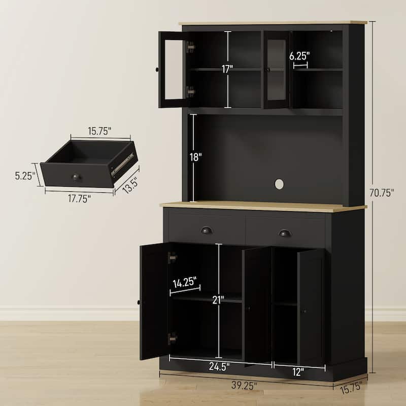 HOMCOM Kitchen Pantry Storage Cabinet with Microwave Stand, 71" Modern Kitchen Hutch with Glass Doors, Storage Drawers