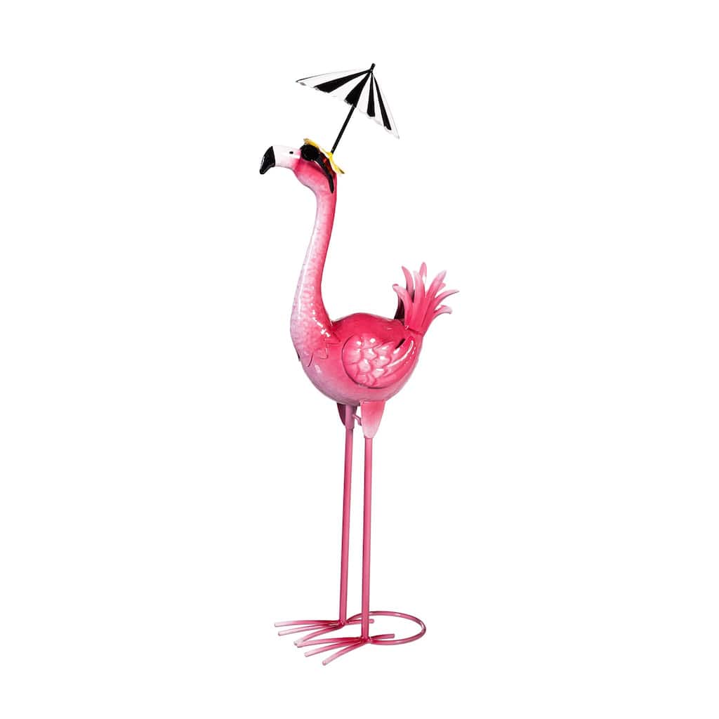 Metal Flamingo Garden Statue with Black Stripe Umbrella, 25"H
