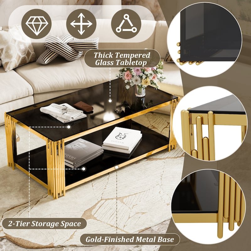 Rectangular Gold & Glass Coffee Table with 2-Tier Shelf by Harper&Bright Designs