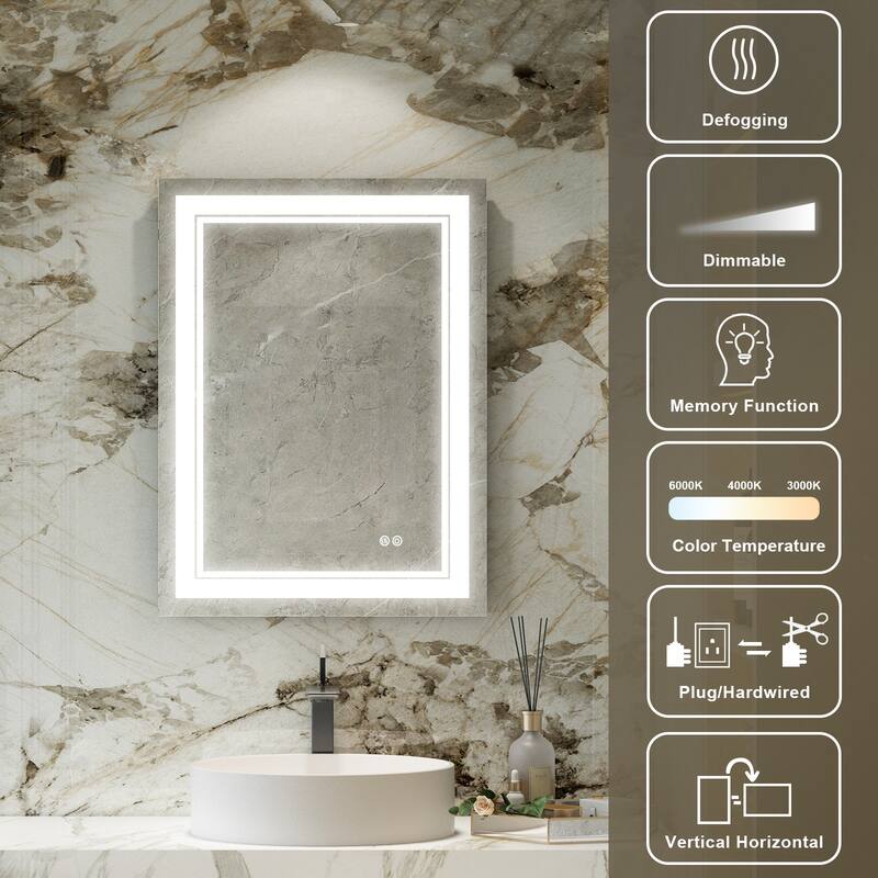 Retangular Wall Mounted LED Bathroom Mirror With Touch Switch Memory Mirror Anti-Fog (Horizontal/Vertical)