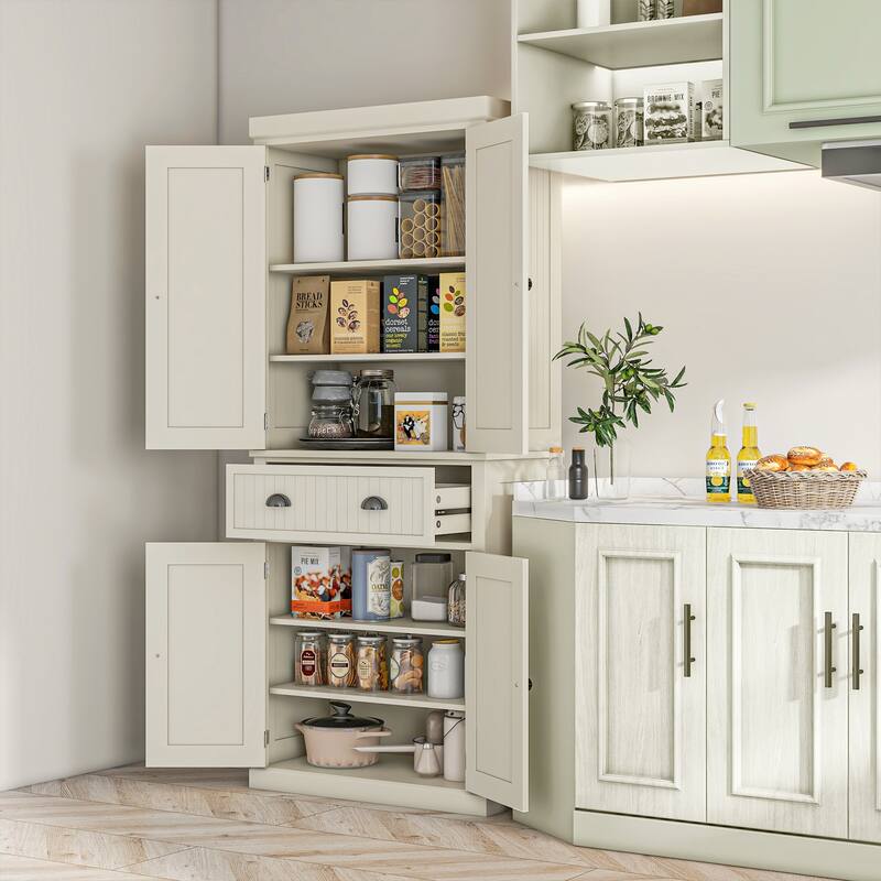 HOMCOM 72" Kitchen Pantry Cabinet, Freestanding Tall Storage Cabinet, Traditional Kitchen Cabinet with 4 Doors - Cream White