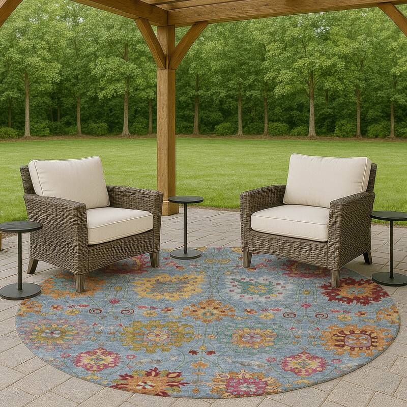 Machine Washable Indoor/ Outdoor Traditional Kashan Chantille Rug - Blue - 8' x 8'