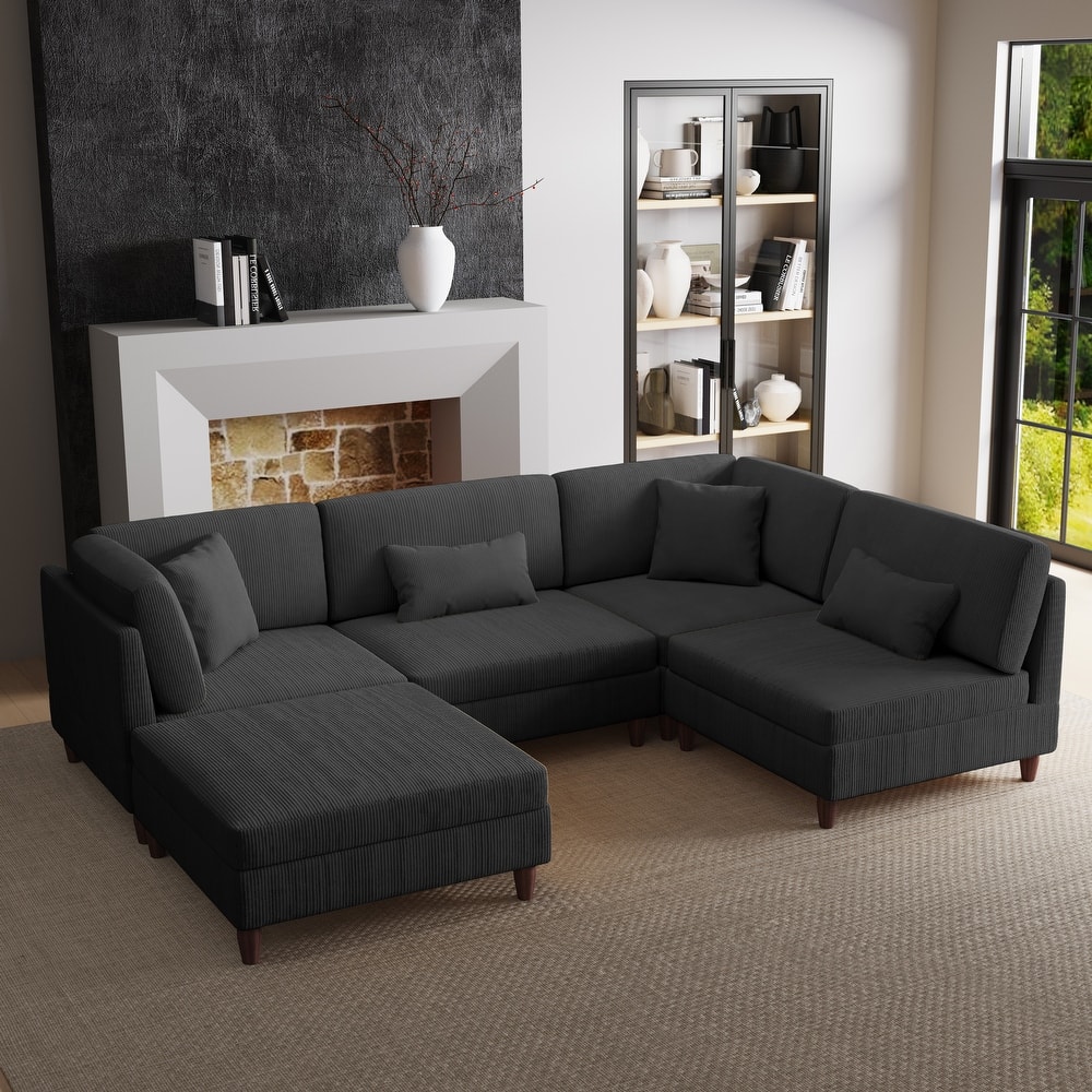 Corduroy Modular Sectional Sofa Set With Ottoman