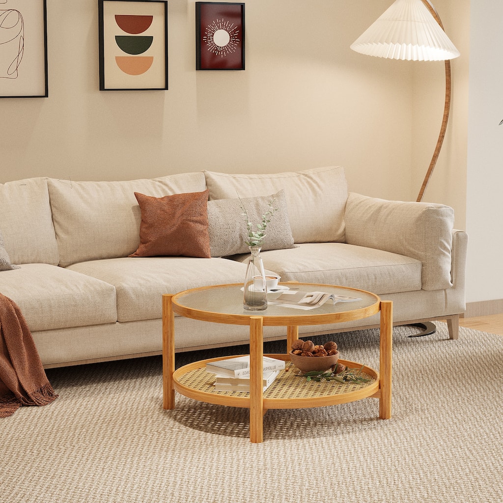 Rattan Coffee Table, 2-Tier Bamboo Coffee Table with Glass Top,Modern Round Coffee Table