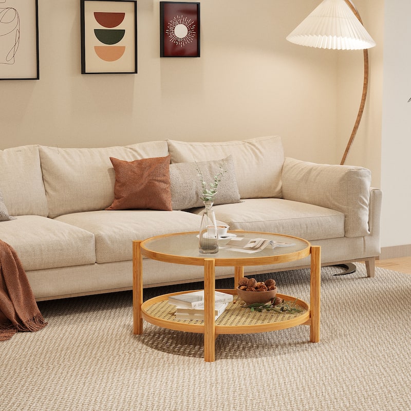 Rattan Coffee Table, 2-Tier Bamboo Coffee Table with Glass Top,Modern Round Coffee Table - Natural+White