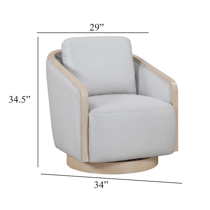 Jely Swivel Accent Armchair, Oak Brown Wood Trim and Base, Gray Polyester