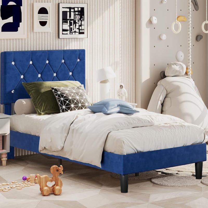 Javlergo Upholstered Beds With Diamond Tufted Headboard, Platform Bed Frame, - Blue - Twin