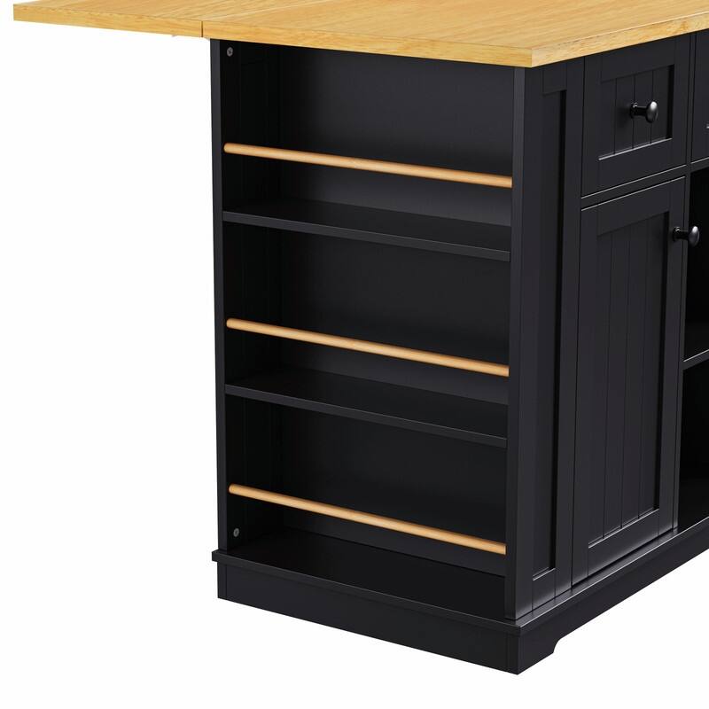 53" Rolling Kitchen Island with Drop Leaf, Power Outlet & Internal Door Storage, 5 Open Side Racks