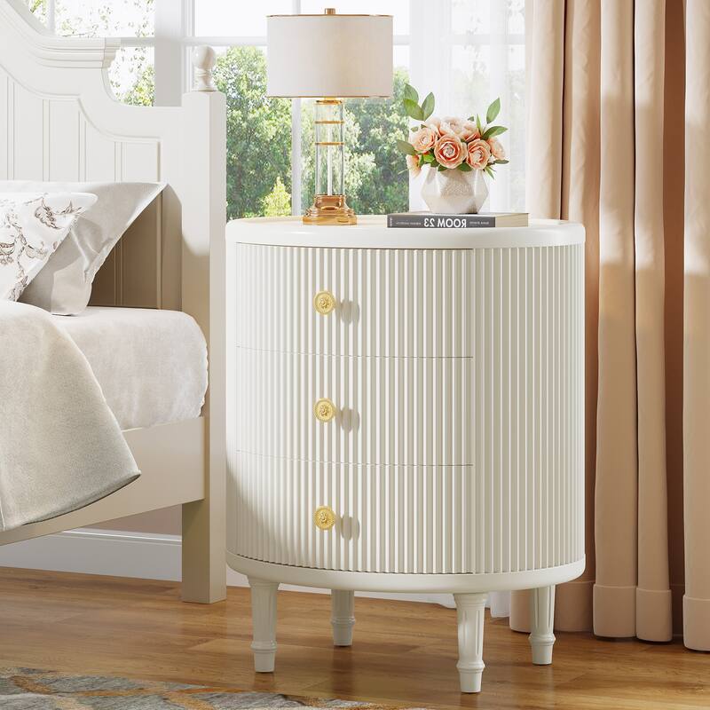 Wooden Nightstand with 3 Drawers and Solid Wood Legs for Bedroom, White - 1 - 3-drawer