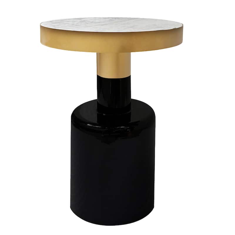 20 Inch Round Side End Table, Gold Banded Natural White Marble Top, Black Enamel Coated Iron Pedestal Base