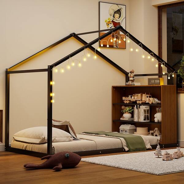 slide 2 of 24, Twin Metal House Bed with Shelves & LED Lights, Playhouse Design Black