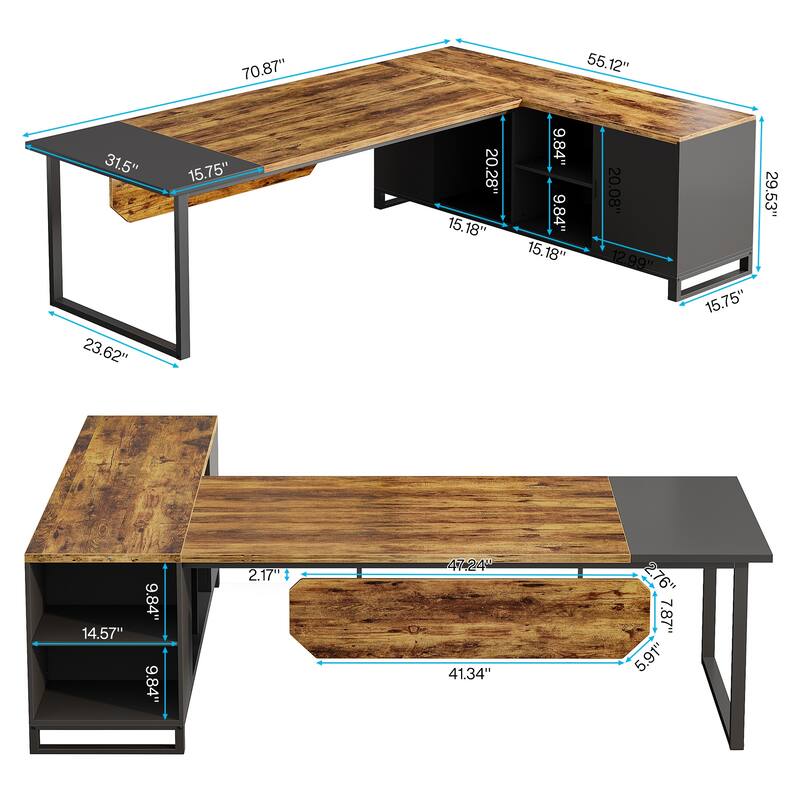 70.8-Inch Executive Desk with 55-Inch File Cabinet, Large L Shaped Computer Desk with Storage Cabinet and Shelves