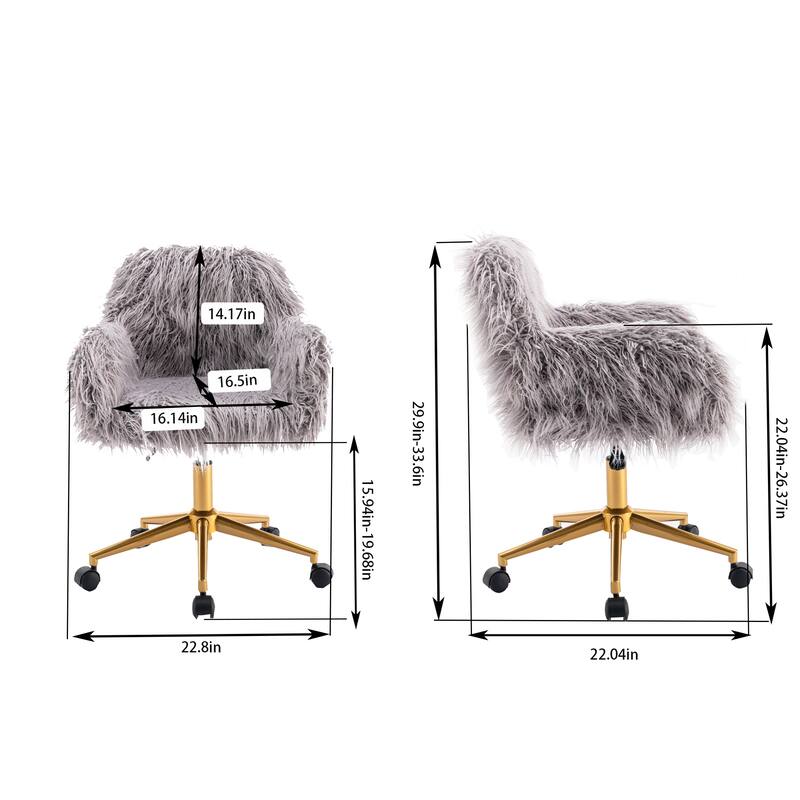 Fluffy Desk Chair, Adjustable Swivel Home Office Desk Chair, Faux Fur Armchair with Wheels, Vanity Chair with Gold Plating Base