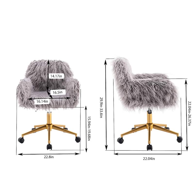 Modern Faux fur home office chair, fluffy chair for girls, makeup vanity Chair with Gold Plating Base