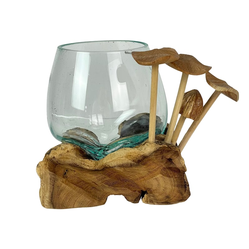 Handcrafted Glass Vase With Teak Driftwood And Wood Mushroom