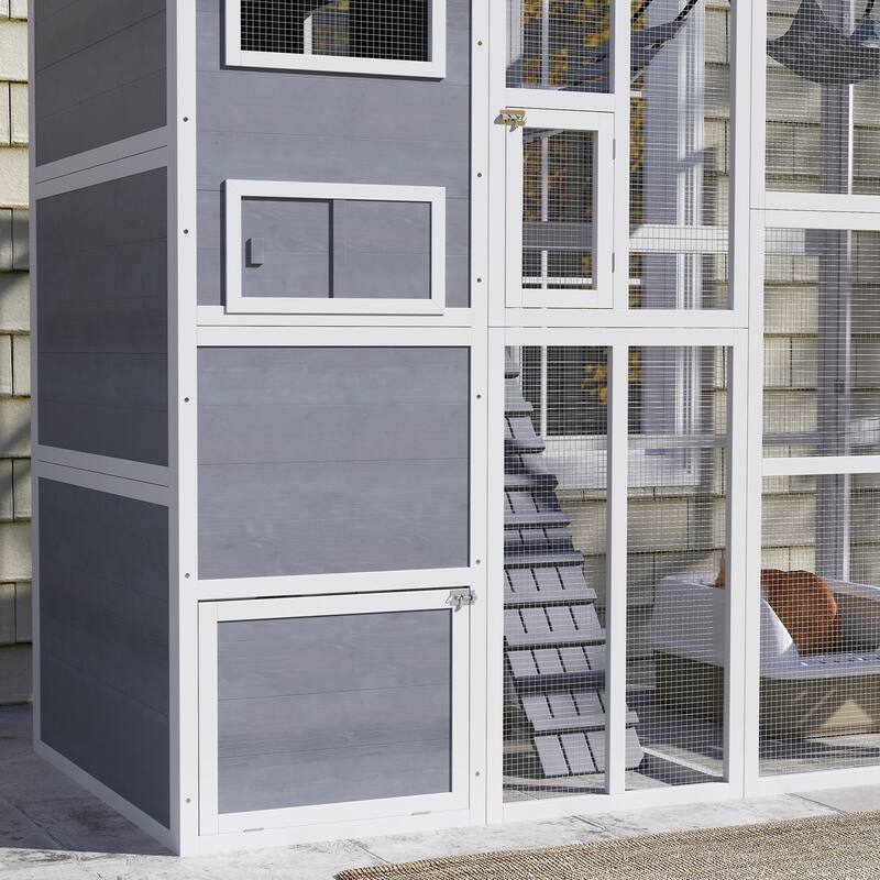 PawHut Catio Outdoor Cat Enclosure, Large Wooden Cat House with 4 Tier Resting Rooms, 3 Platforms, 1 Soft Ladder, 2 Ramps